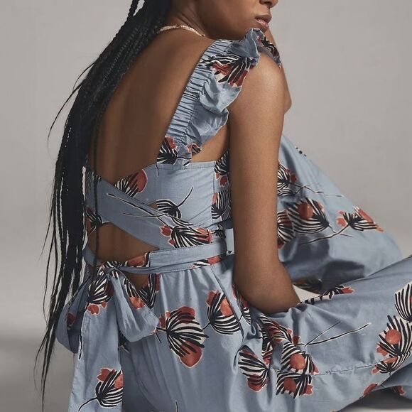 Anthropologie Bel Kazan Blue Floral Evie wide leg jumpsuit l organic cotton L - Picture 2 of 16